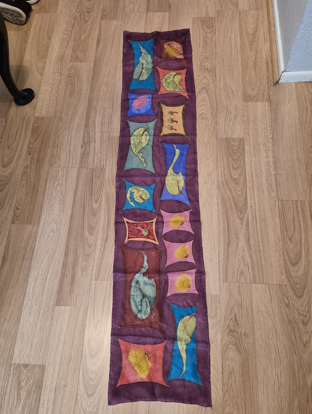 Hand Painted Silk Scarf - Purple, Blue, Green, Pink Accents